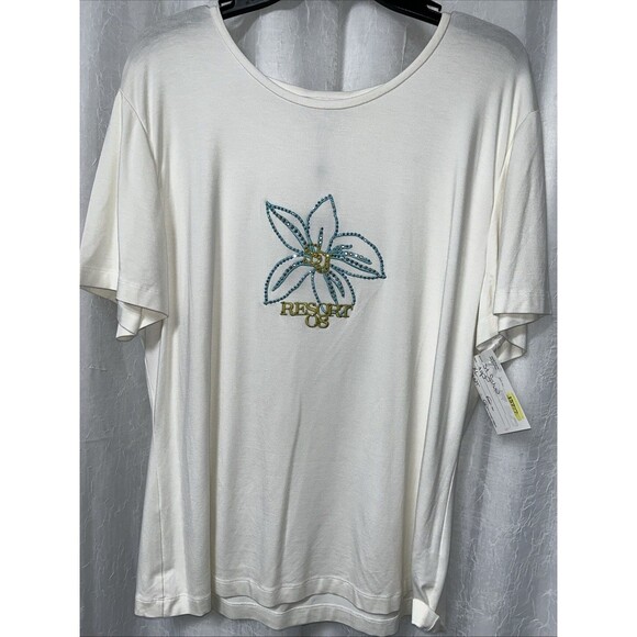 ST JOHN Tops - ST JOHN Sport Short Sleeve T-Shirt Top Ivory Viscose Stretch Studs Size XL NWT